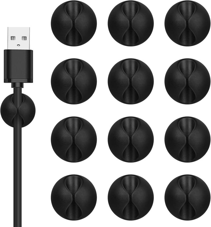 Flezoo Cord Holder Cable Clips, 12PCS Black Adhesive Cord Organizer Charger Holder Wire Management Keeper for Nightstand, Desk, Office or Mouse - Image 1